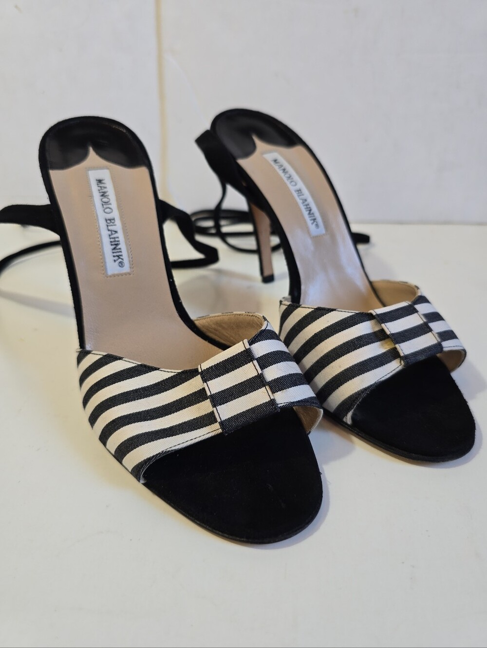 Manolo Blahnik Black and White Striped Open-Toe Strappy Velvet Heels Size 39